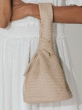 Cleobella Celine 100% Lambskin Leather Woven Bucket Handbag in Bone, NWT